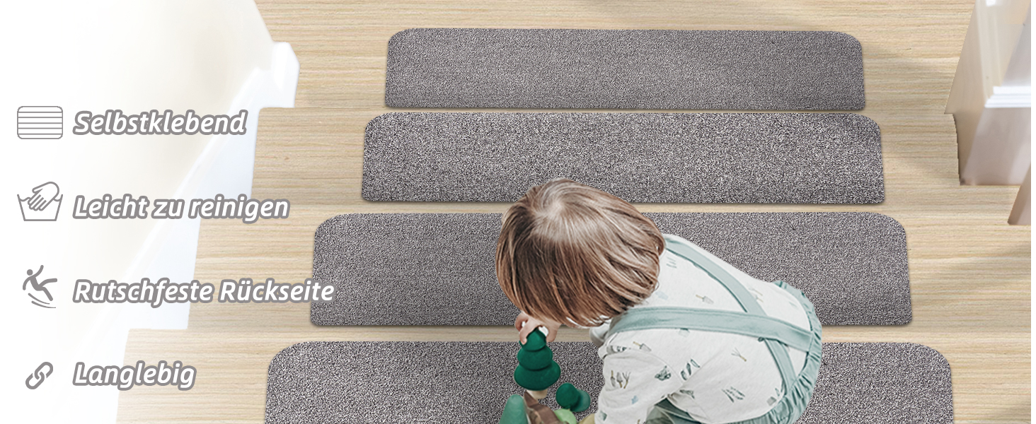 Коричневі килимки на сходи COSY HOMEER, 15 шт., 70x22 см, самоклеючі, машинного прання, 100% поліестер, TPE-підкладка, безпечні для дітей та домашніх тварин