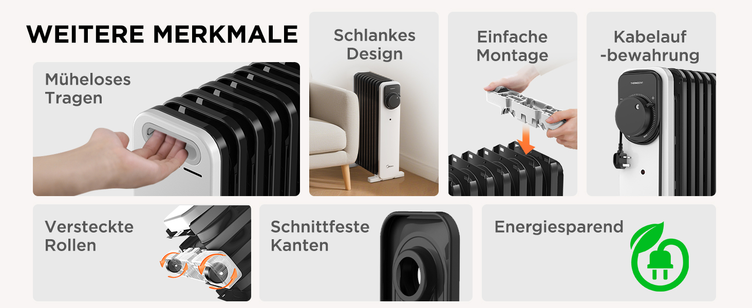 Електричний масляний радіатор Midea 2000W з 9 ребрами, термостатом та захистом від перегріву, 3 режими нагріву, тихий, для дому та офісу