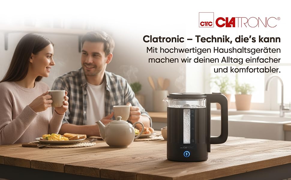 Електричний чайник Clatronic WK 3837: 1,7 л, скло, BPA Free, з підсвічуванням, для дому