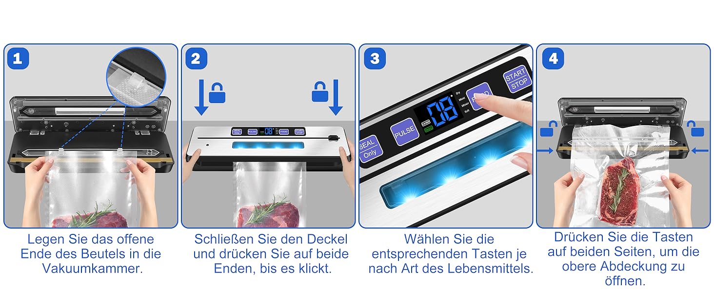 Вакуумний упаковник KLGFI 7-в-1: професійний, з подвійною зварювальною лінією, з різаком та цифровим таймером, комплект з 50 пакетами, срільно-чорний