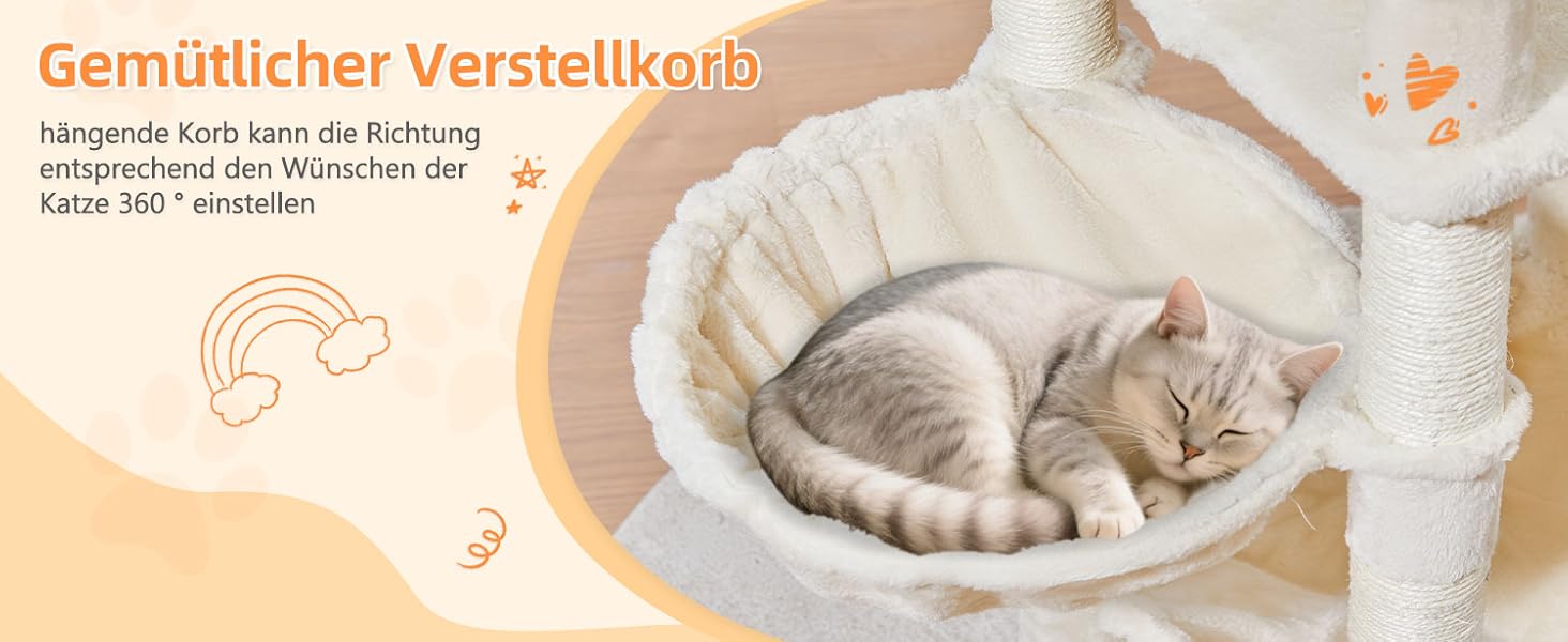 Дерев'яний кігтеточки для котів Taoqimiao MS026W, великий, бежевий (146 см) з 2 будиночками, гамаком та 8 стовпчиками для заточування кігтів