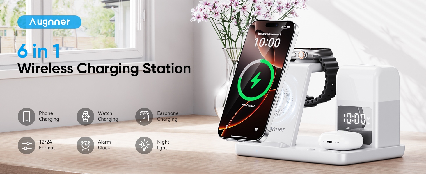 Бездротова зарядка Induktive для iPhone 17/16/15/14/13/12, 6-в-1 з нічною лампою та будильником, сумісна з Apple Watch та AirPods (Біла)