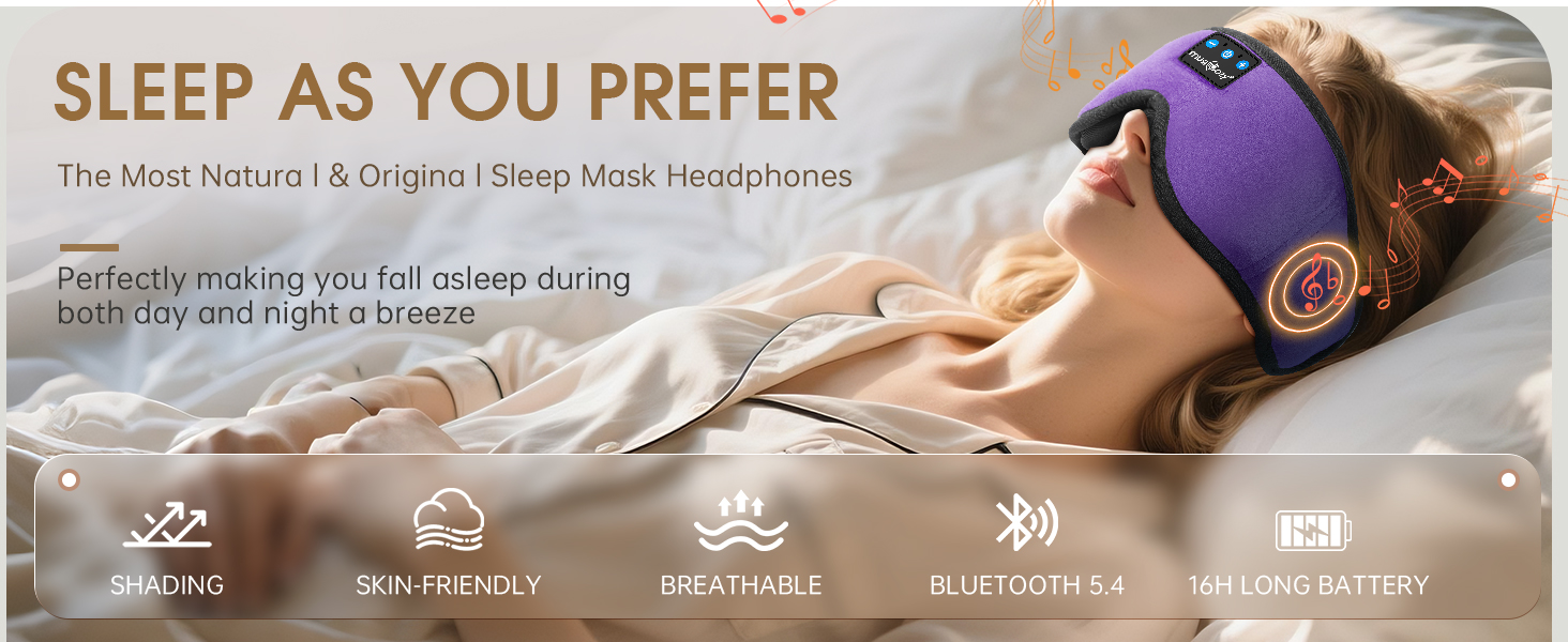 Маска для сну Musicozy з навушниками | Bluetooth 5.4, блокування світла, для подорожей, лавандовий колір. Подарунок для чоловіків та жінок