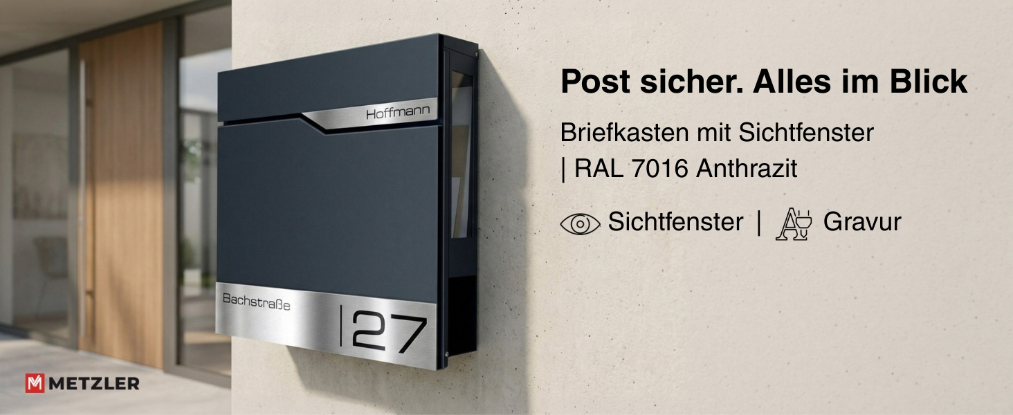 Поштовий ящик Metzler® з газетницею та індивідуальним написом з нержавіючої сталі V2A, антрацит Ral 7016. Гарантія 10 років, сучасний дизайн, стійкий до корозії.