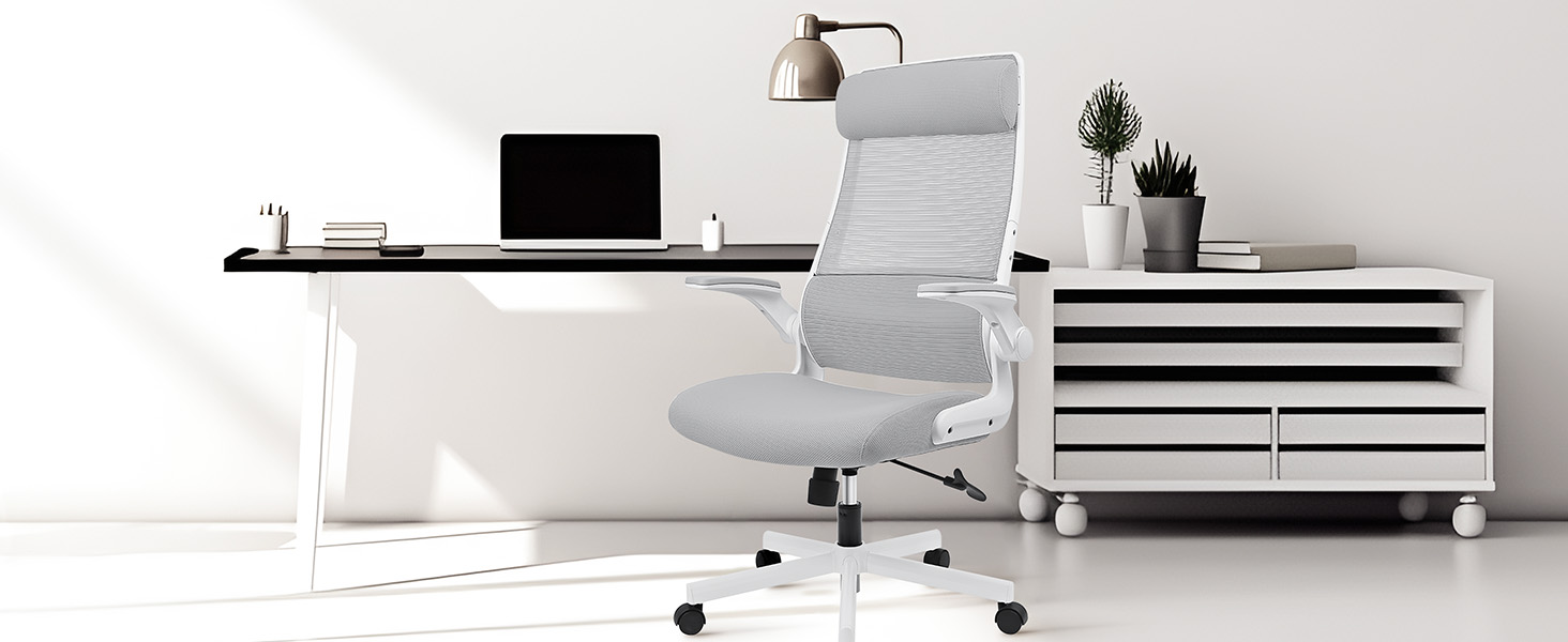 Ергономічне крісло для офісу з регульованою підголовником, сітчасте крісло для столу, відкидні підлокітники, широке сидіння, функція гойдання, комп'ютерне крісло EN 1335, офісне крісло 200 KG, сіре