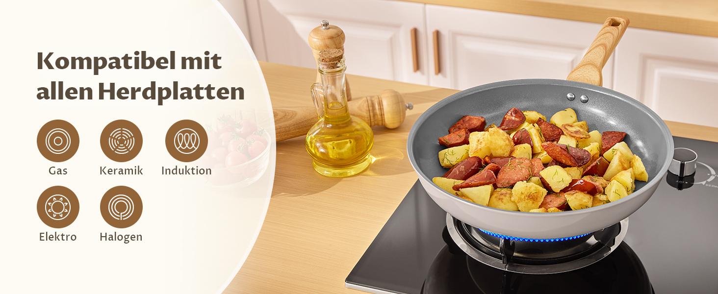 Набір сковорідок для індукції, 20/24/28 см, керамічне покриття з бакелітовою ручкою, антипригарне покриття, молекулярно з'єднане дно для індукції, підходить для всіх типів плит, без PTFE, PFAS та PFOA, 3 шт.