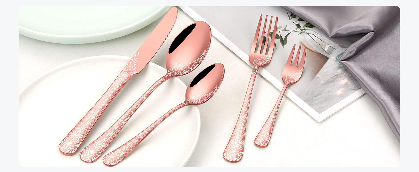 Набір столових приборів на 6 осіб HONKKU з нержавіючої сталі, з ножами для стейку, миючий посуду, 36 предметів, рожеве золото, з квітковим візерунком