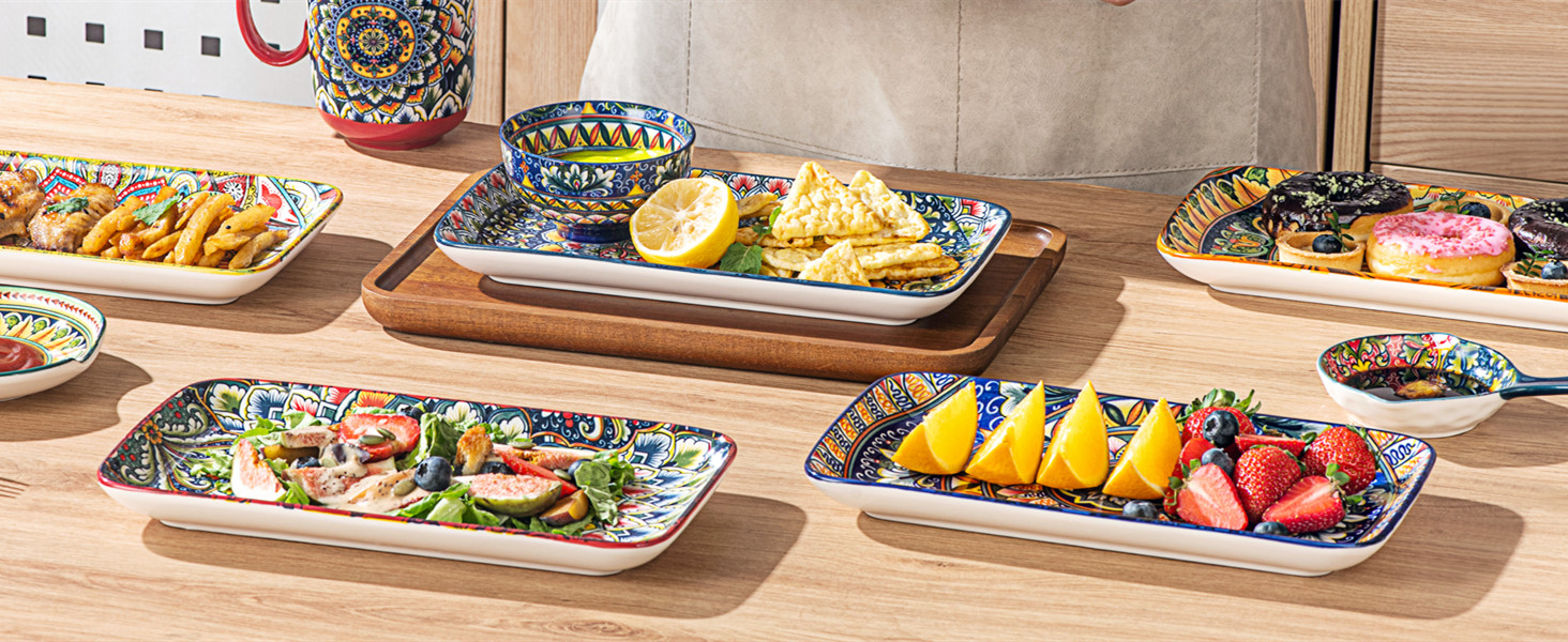 Набір сервірувальних тарілок Henten Home (6 шт.) - прямокутна форма, 25.5 см - для закусок, суші, фруктів, салатів, десертів - безпечно в мікрохвильовці, духовці, посудомийній машині - багатобарвний