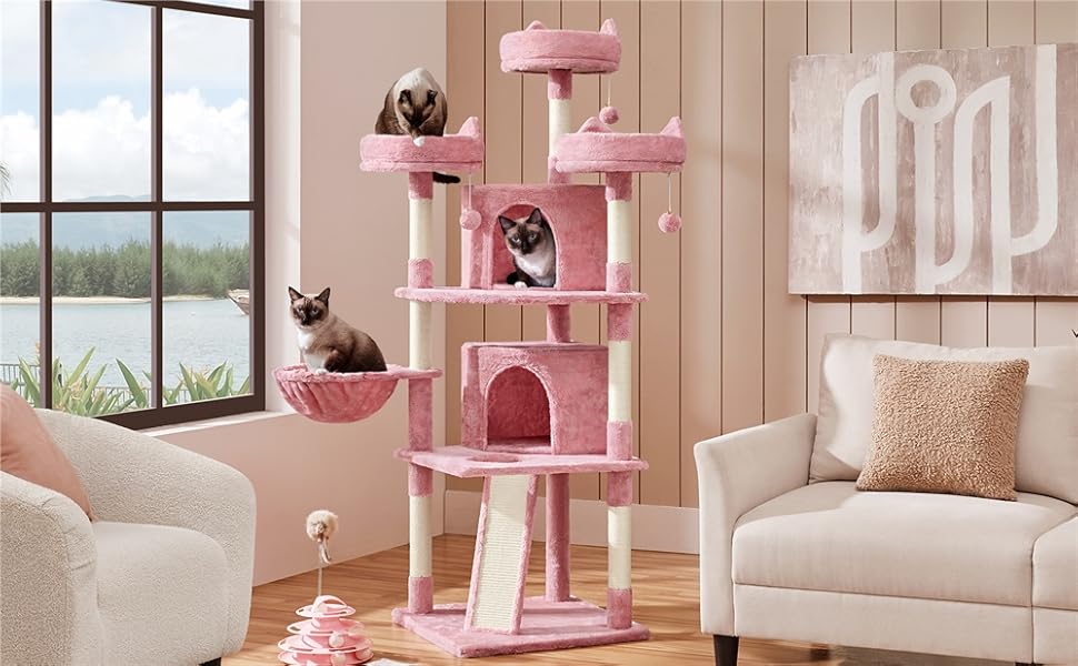 Кігтеточка-комплекс Yaheetech для котів 174 см з 3 платформами, ігровий будиночок, рожевий