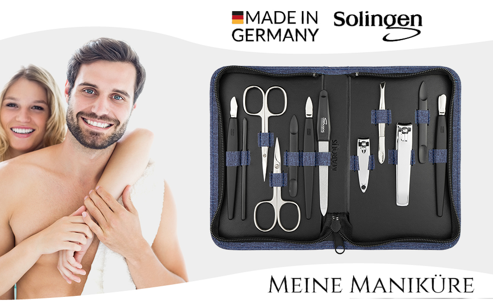 Набір для манікюру Solingen Mega Manikür Set 12 шт. - професійний набір для манікюру та педикюру в стильному шкіряному еталожі (Jeans)