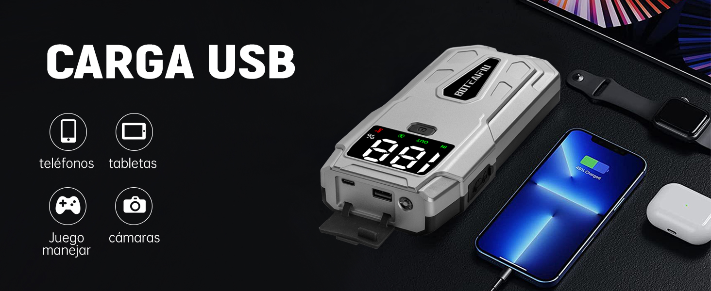 Powerbank Starthilfe для автомобіля з LED-ліхтариком, великим екраном та функцією бустера для акумулятора, підходить для SUV, мотоцикла та газонокосарки