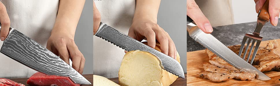 NANFANG BROTHERS 18-Piece Damascus Kitchen Knife Set with Hammered Handles & Wood Block - Premium Sharp Steel Blades