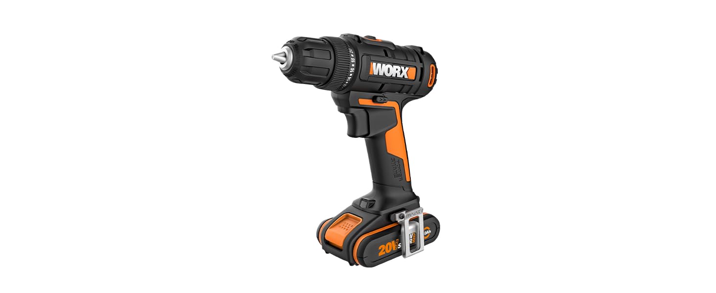 WORX WX108 акумуляторний дриль-шуруповерт 20V – універсальний інструмент для свердління та закручування, двоступеневий регулятор швидкості та 20+1 налаштувань крутного моменту до 45Nm – в комплекті 2x2Ah акумулятори та зарядний пристрій (10мм патрон, 30Nm, в комплекті 2Ah акумулятор та зарядний пристрій)