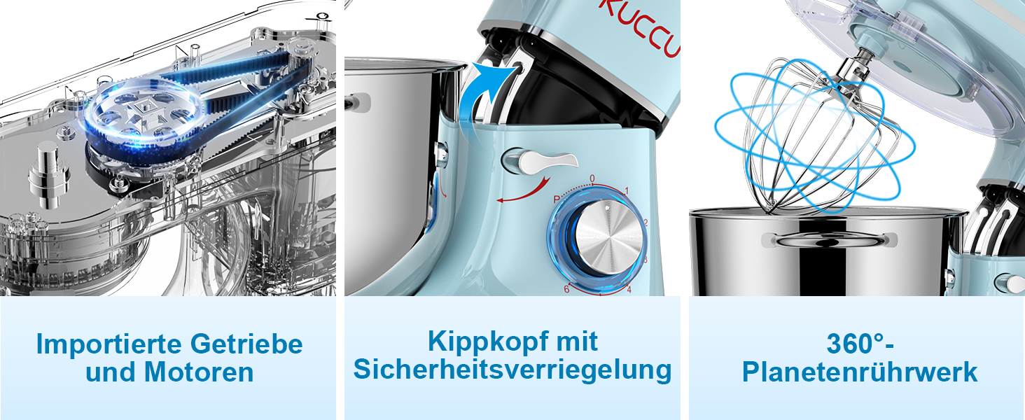 Кухонна машина (планетарний міксер) 1500W з чашею 7л з нержавіючої сталі, 6 швидкостей + імпульсний режим, набір насадок (гак, вінчик, міксер), колір: синій