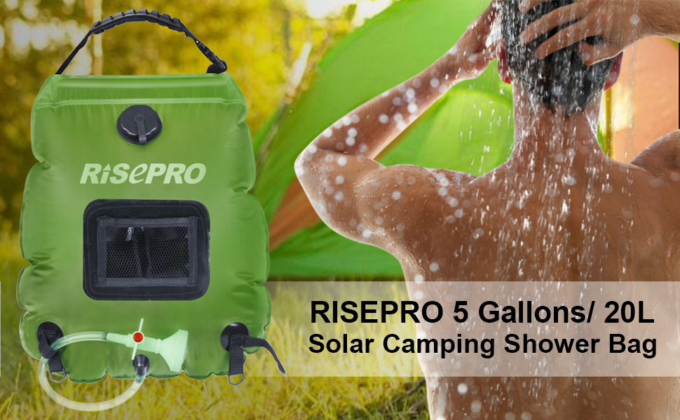 Соняшний душ RISEPRO 20л: портативна сонячна водогрілка для кемпінгу, подорожей, відпочинку на природі. Макс. температура 45°C, знімний шланг та душова насадка.