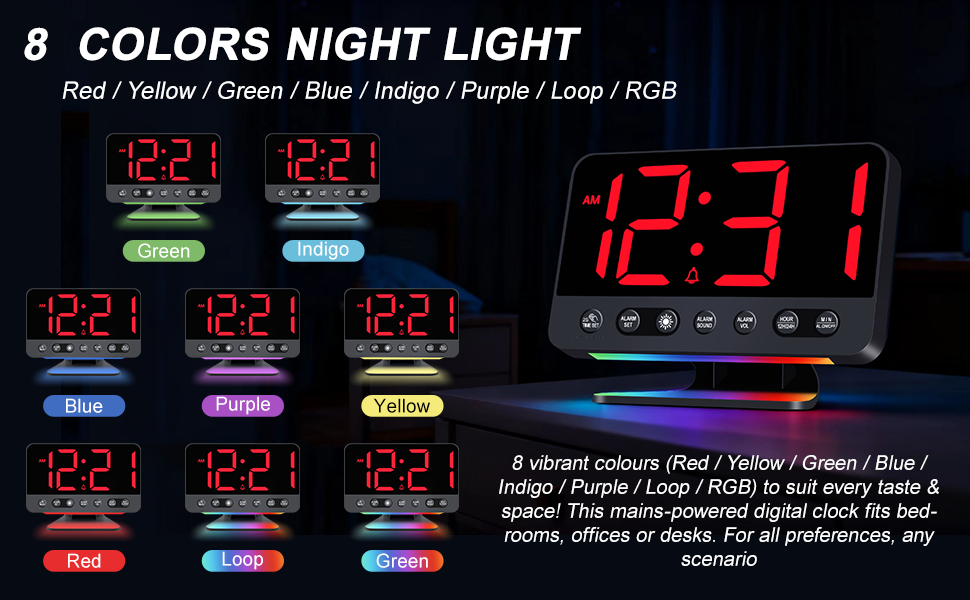 Цифровий будильник LED з RGB-підсвіткою, потужний сигнал 30-110 дБ для міцного сну, USB-порт, функція Snooze, настільний годинник (Червоний)