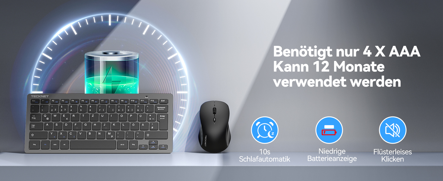 TECKNET Бездротовий Набір Клавіатури та Миші, QWERTZ, 2.4 GHz, 15м, Безшумна Клавіатура та Миша для ПК, Ноутбука, Smart TV, Білий (Сірий)