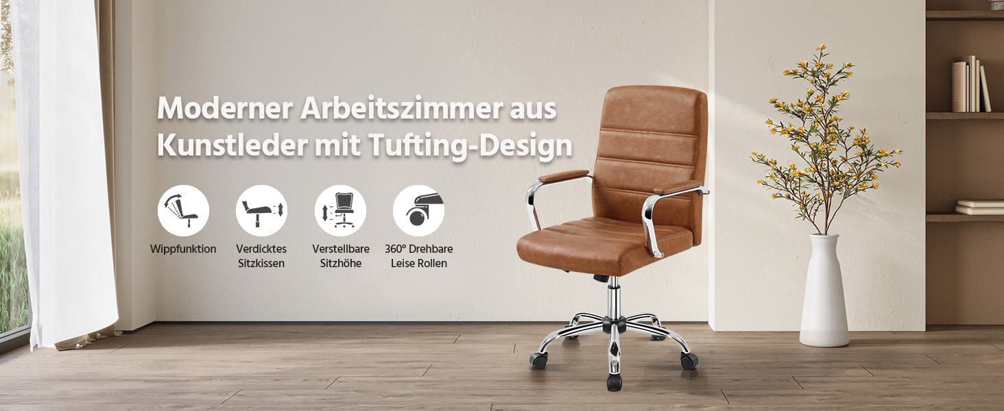 Офісне крісло Yaheetech ергономічне, з підлокітниками та роликами, для офісу та дому, витримує до 130 кг, колір - іржаво-коричневий