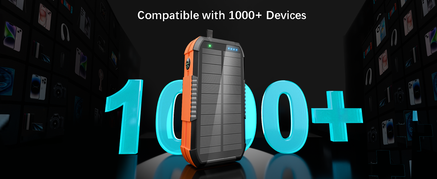 Портативний зарядний пристрій 70000mAh з сонячною панеллю: Power Bank з PD 30W, бездротова зарядка, 6 виходів USB, ліхтарик, компас, ручка для підзарядки, для кемпінгу та активного відпочинку, помаранчевий