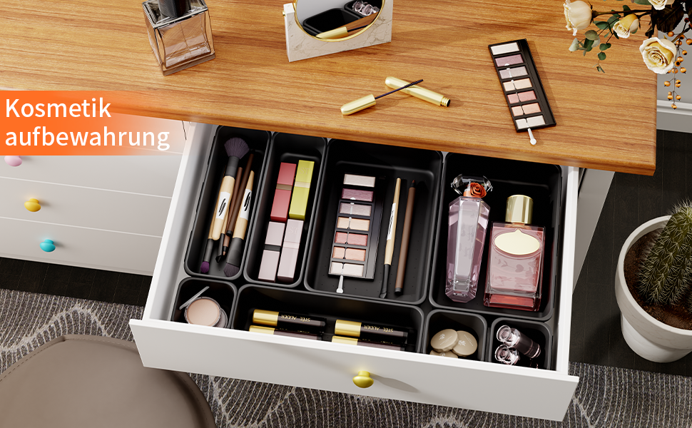 45 Piece Drawer Organizer for Office with 3 Sizes, Vanity Makeup Organizer Drawer, Storage Desk Organizer Drawer Organization System for Kitchens, Bedrooms, Bathrooms, Office, Gray (3 - Sizes, Black (45 Pieces))