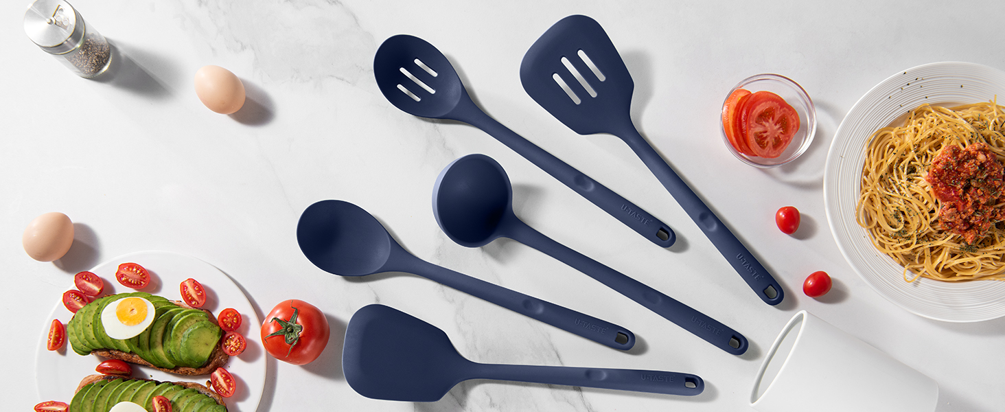 U-Taste Довгі кухонні силіконові лопатки та ложки, 5 шт, термостійкі до 315°C, BPA-free, антипригарні, для змішування, смаження, подачі, колір нічний синій