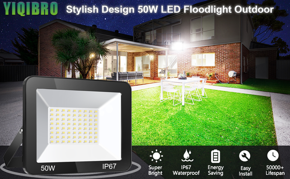 YIQIBRO LED прожектор для вулиці 10000Лм, 6500K, IP67, 2×50Вт, водонепроникний, холодне біле світло, для складу, саду, гаража, двору, парковки