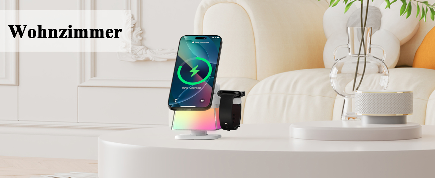 Бездротова зарядна станція 3-в-1 Minthouz Leap Cube 15, швидка зарядка 15W Qi, підставка з багатокольоровою підсвіткою для iPhone 16, 15, 14, 13