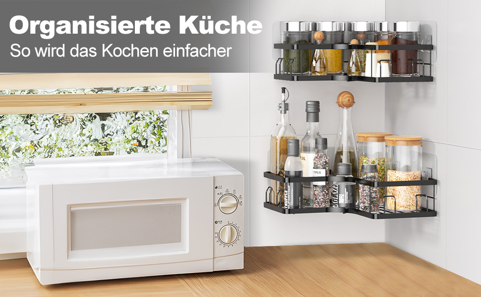 Кутова поличка для душу MOSUO без свердління, 2 шт. з 8 гачками та 6 клеями, нержавіюча сталь, чорний колір, L-1