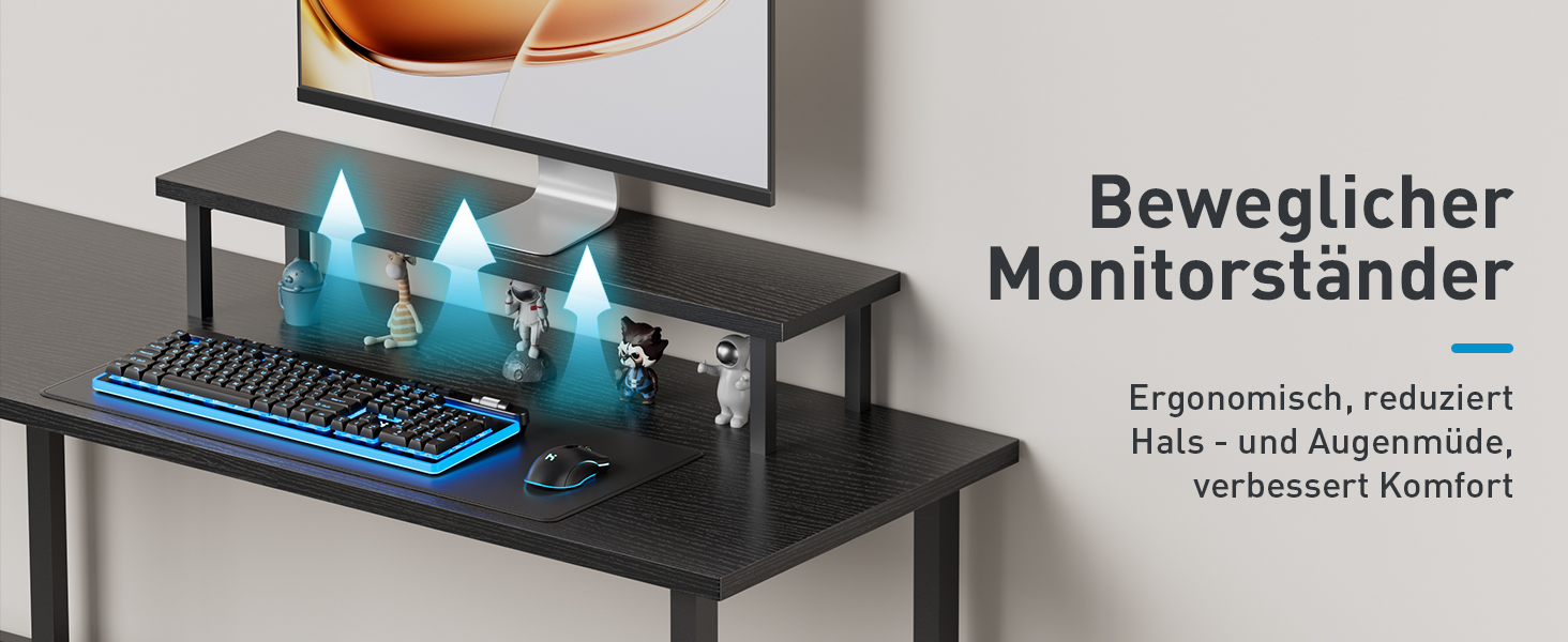 Ігровий стіл кутовий 150x100 см з 3 розетками та 2 USB, реверсивний, з LED підсвічуванням, з ящиками та підставкою для монітора, чорний