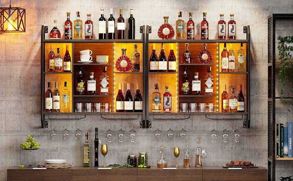 Настінна вітрина для вина з LED-підсвіткою 90x90 см з металу та MDF. Полиці для вин з тримачами для келихів. Регульована полиця для бару, винного підвалу, кухні.