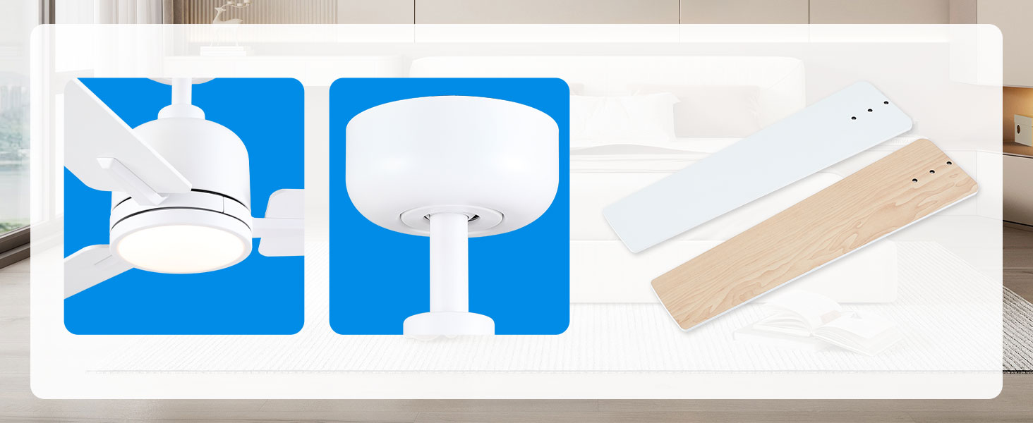 Стеля вентилятор Newday 122см з підсвічуванням та пультом керування, тихий, DC мотор, реверс для спальні/вітальні (білий, дерево)