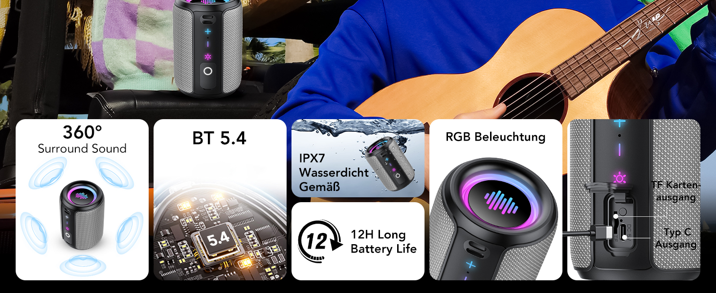 Bluetooth колонка 15W, портативна, 12 год автономії, IPX7 водонепроникна, сіра - для спорту, вечірок, подорожей