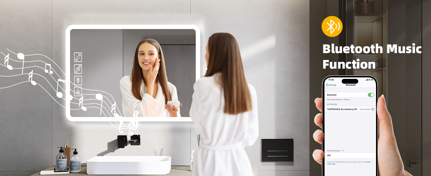 Дзеркало для ванної кімнати з підсвічуванням 50x70 см з Bluetooth, годинником, функцією проти запотівання та сенсорним вимикачем, 3 кольори світла, регулювання яскравості