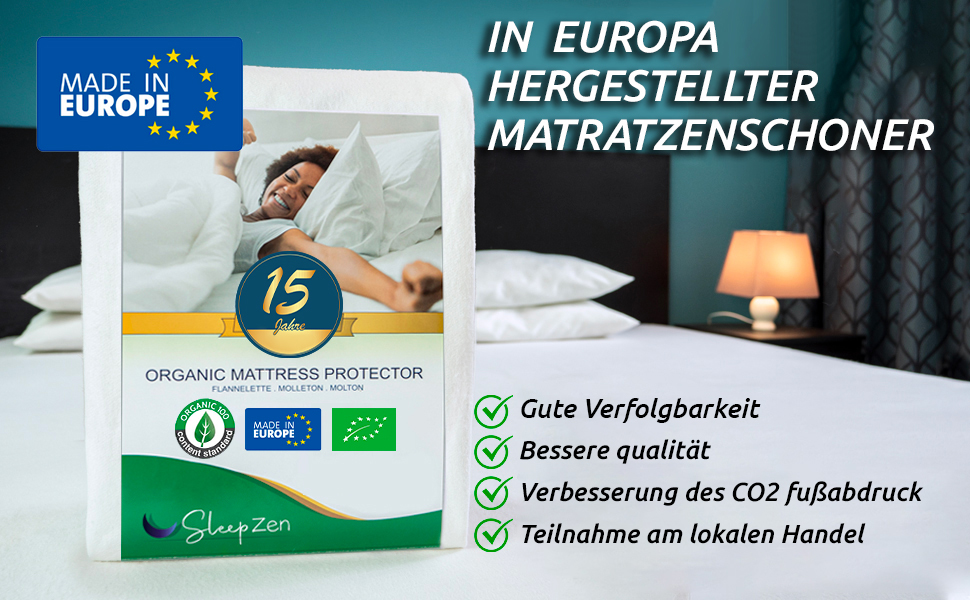 Наматрацник з біо-бавовни 140x200 см Molton OCS Oeko-TEX, 100% натуральний фліс, гіпоалергенний, не водонепроникний, вироблено в ЄС