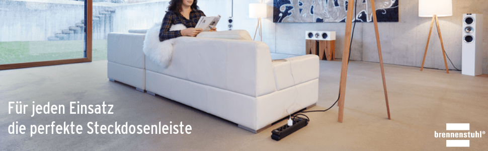 Бренненштуль Premium-Line Розподільний блок 6 розеток з вимикачами та 3м кабелем (монтаж на стіну), чорний/сірий, Made in Germany