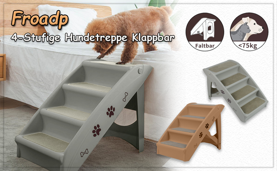 Складні пластикові сходи для собак і котів Froadp 49x38x61 см, 4 сходинки, з фетровим килимком, нековзкі, переносні, для ліжка, балкона, дивана, сірі
