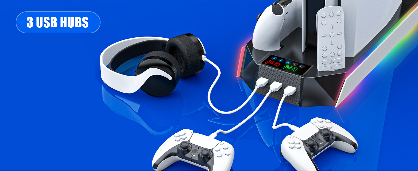 Підставка для PS5 Slim/Pro з зарядною станцією для контролера PlayStation 5 (Disc/Digital), аксесуари PS5 з RGB підсвіткою, вентилятор, тримач для навушників, USB хаб, чорно-білий, Q511