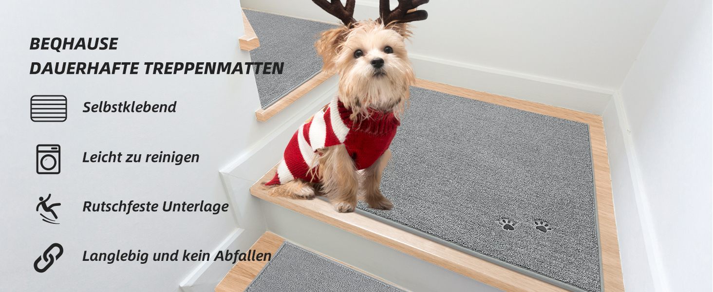 BEQHAUSE Non-Slip Stair Treads - 15 Piece Set - Washable Carpet for Kids, Seniors & Pets - 22x70cm Polyester & TPE