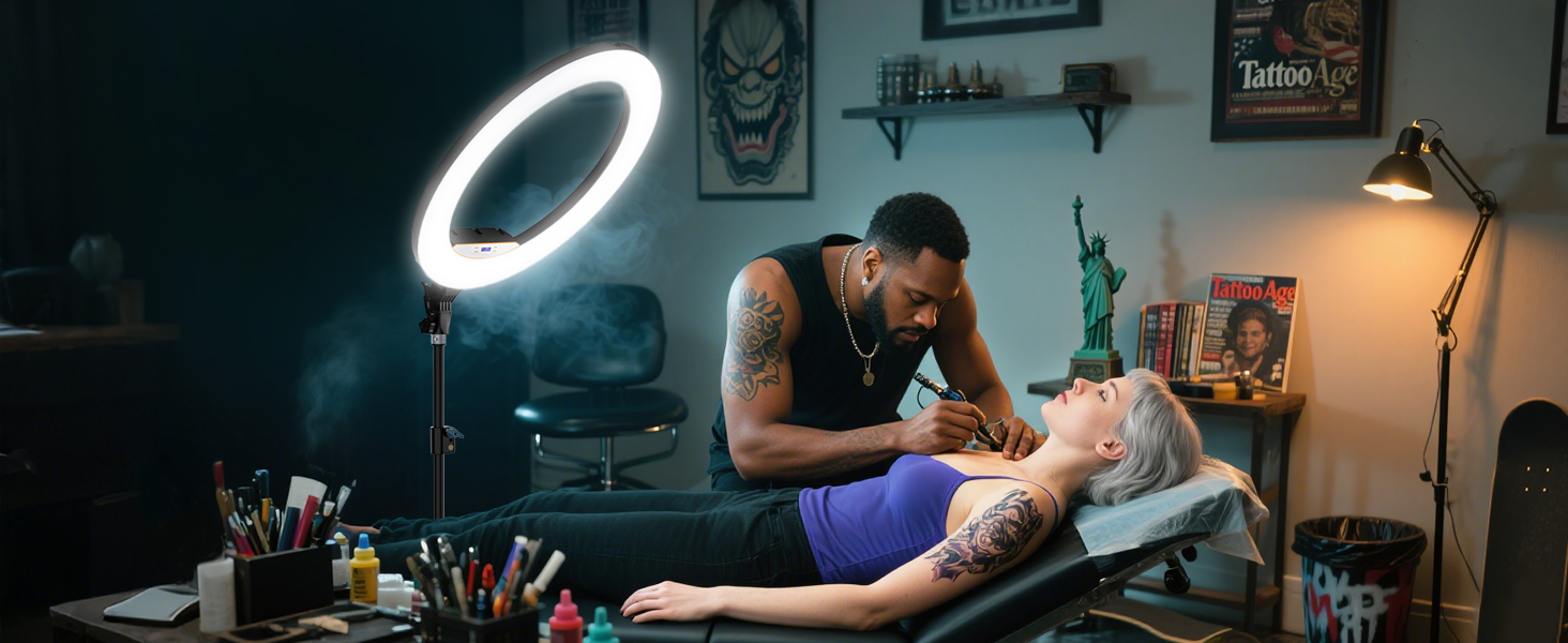 Кільцеве світло 22 дюйма з штативом 175 см, LED дисплей, 2 USB порти, регульована яскравість, для фото та відео, TikTok, макіяж, тату, б'юті-блогер, стиліст, барбер, фотограф, чорний