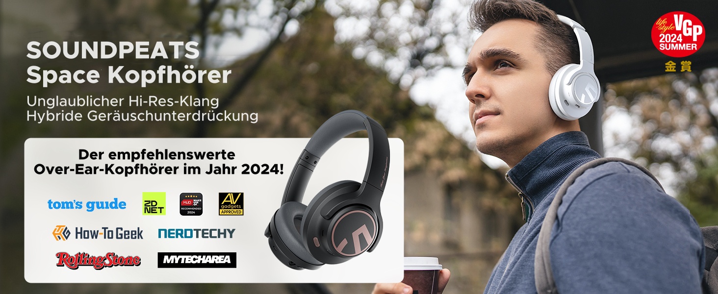 SoundPEATS Space: Бездротові навушники Over-Ear з гібридним ANC, ENC-мікрофоном та 40мм драйверами (білі)