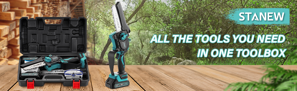 Міні-бензопила STANEW з 2 акумуляторами 2000mAh та зарядним пристроєм, 6 та 8 дюймів, 600W безщітковий двигун, для догляду за садом, обрізки дерев та роботи з деревом. Стандартна комплектація