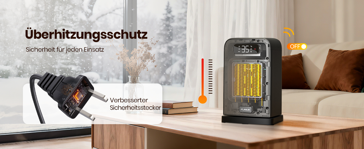 Електричний обігрівач 1500W з PTC керамічним нагрівачем, тихий, з термостатом та пультом дистанційного керування, ECO режим, 70° осциляція, 12h таймер, захист від перегріву та перекидання, чорний, 26 см