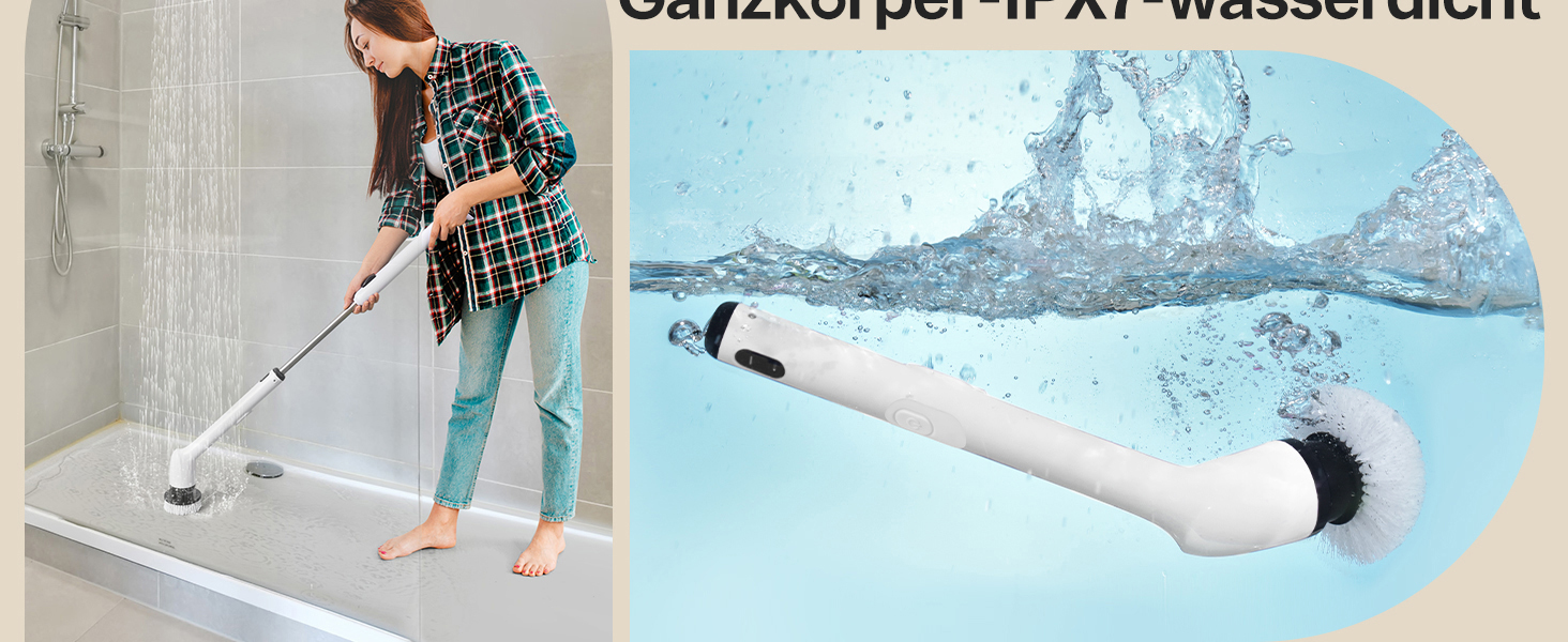 Електрична щітка для прибирання LyriFine, водонепроникна IPX7, з довгим руків'ям, 2 швидкості, з набором змінних насадок, для ванної кімнати, білий