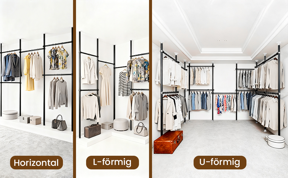 Телескопічна система для гардеробу, штанга для одягу з 6 штангами, телескопічний шафа для одягу з 2 гачками, регульована полиця 110-300 см, для дому та магазину одягу, білий (чорний)