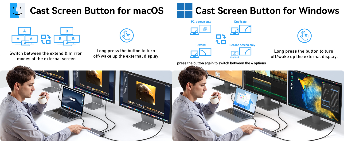 Док-станція USB C 13 в 1 для трьох моніторів: Dual HDMI 4K, DisplayPort, 10G USB 3.1, Ethernet, PD 100W, аудіо/мікрофон, сірий