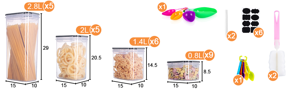 Набір контейнерів для зберігання продуктів 25 елементів (9x0.8L + 6x1.4L + 5x2L + 5x2.8L), герметичні, з кришкою, для кухні, органайзер, пластик, для спагеті, борошна, мюслі, кукурудзяних пластівців