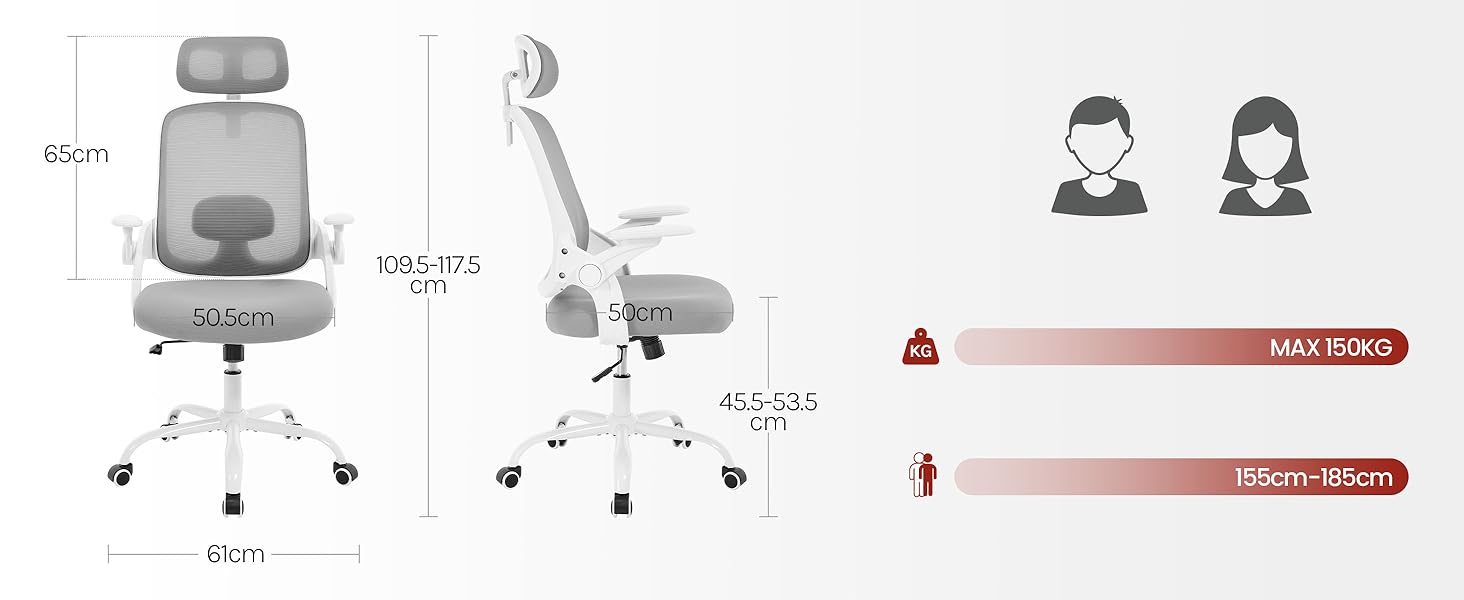 Офісний стілець WOLTU ергономічний з регульованою підголівником та підтримкою попереку, функцією гойдання, для офісу, 150 кг, світло-сірий
