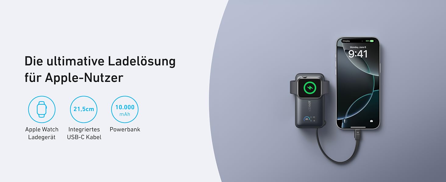 Повербанк Anker MagGo 10000mAh для Apple Watch та iPhone 17/16/15, Samsung, iPad, AirPods, 35W Max, вбудований кабель USB-C, сертифікований, чорний