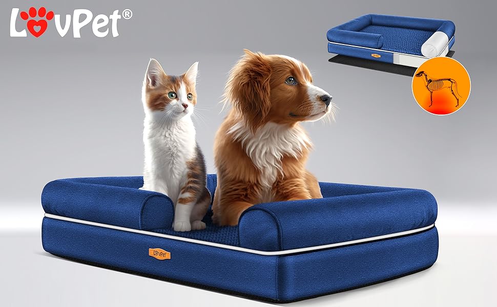 Ортопедичне ліжко для собак з подушкою та мискою, 3 іграшки, лежанка для собак маленьких, середніх та великих порід, знімний та пральний чохол, 106x80x22 см, Navyblau L (106 x 80 x 25 см) Navyblau