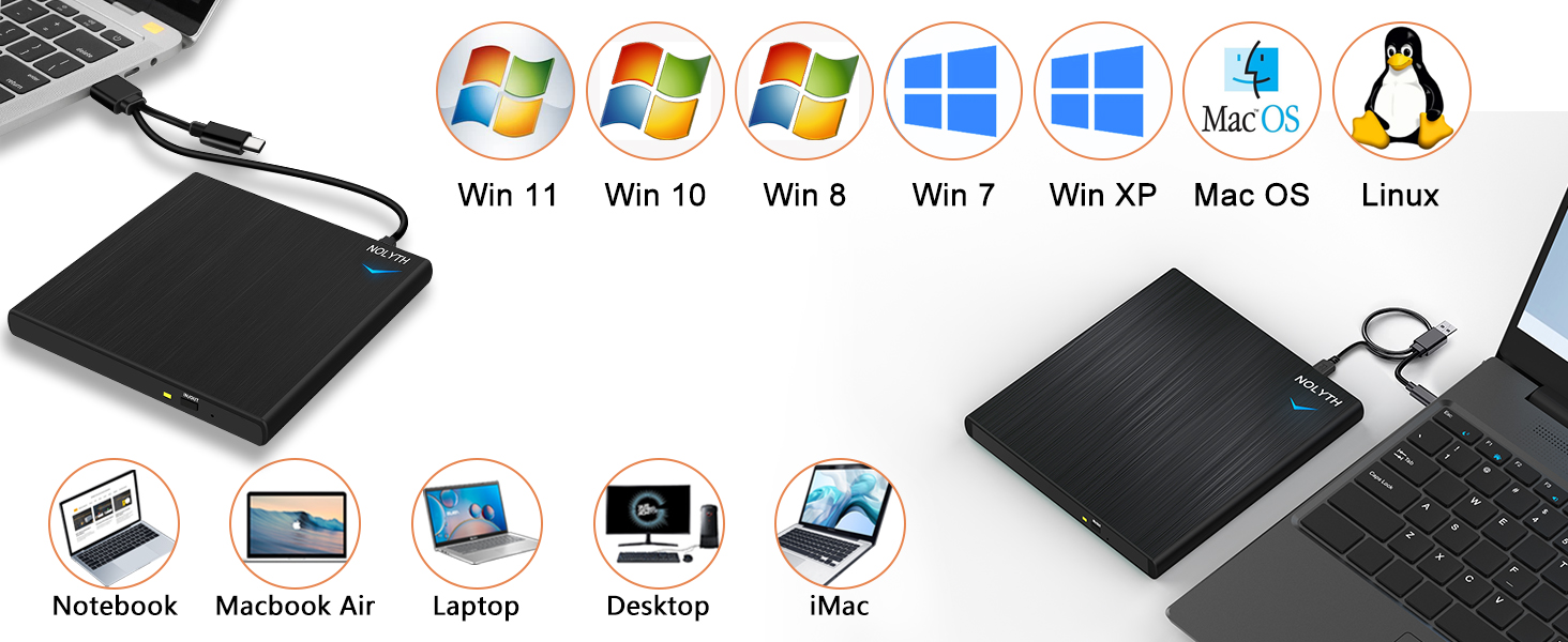 Зовнішній CD/DVD привід для ноутбука USB-C та USB: портативний DVD-плеєр та записувач для Mac, MacBook, Windows